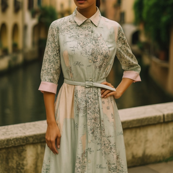 Rani Arabella Italian Map Silk Print Dress - Picture 2 of 11